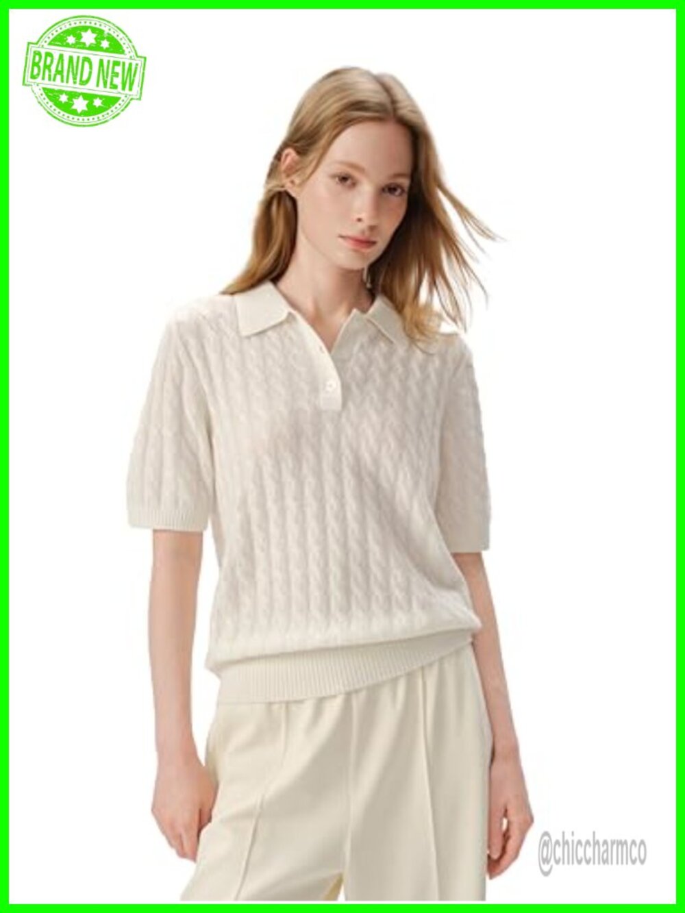 100% Cashmere Cable-Knit Short Sleeve Polo Top